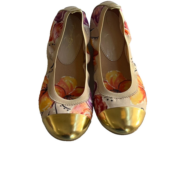 Naturalizer Flats Bromstad Shoes Womens Size 8.5 M Ursela Floral Gold Cap Toe - Picture 1 of 9